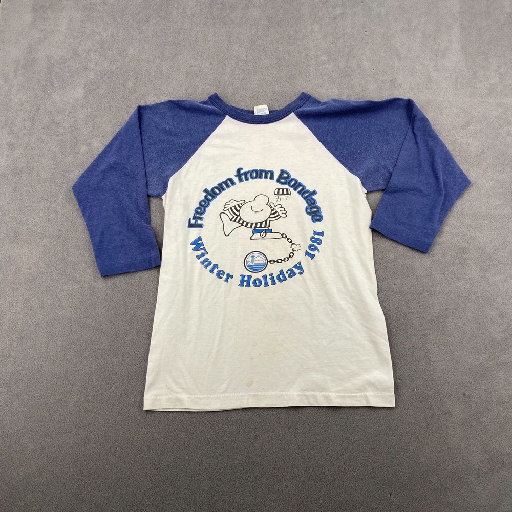 Profile Points Freedom From Bonda T Shirt Mens M White Blue Winter Holiday 1981